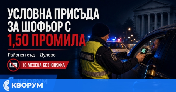 Условна присъда и отнемане на част от автомобил за шофиране с 1,50 промила в Дуловско