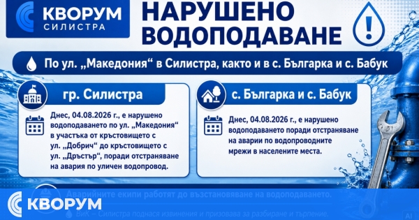 ВиК аварии нарушават водоподаването по ул. "Македония" в Силистра и в селата Българка и Бабук