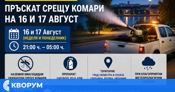 Пръскат срещу комари в Силистра и четири села на 16 и 17 август