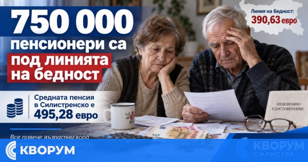 Средната пенсия в Силистренско е 495 евро, близо 750 000 пенсионери у нас са под линията на бедност
