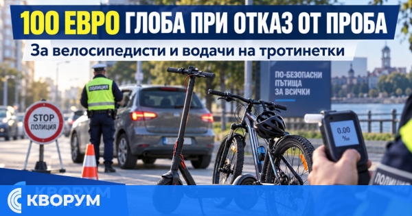 100 евро глоба за велосипедисти и водачи на тротинетки, ако откажат тест за алкохол или наркотици
