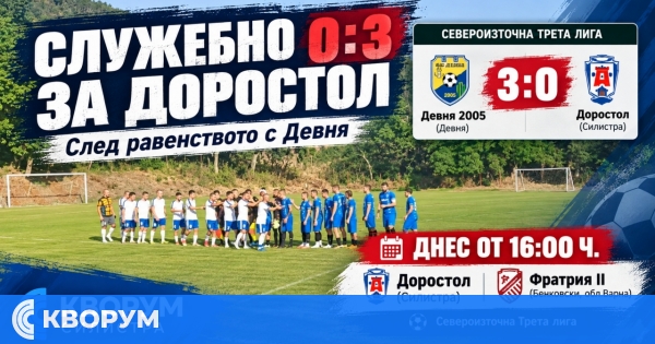 Доростол загуби служебно точката от Девня, днес приема Фратрия II в Силистра
