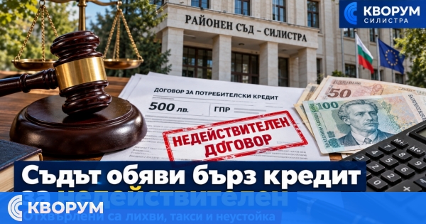 Съдът в Силистра обяви договор за бърз кредит за недействителен и отхвърли лихви, такси и неустойка
