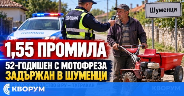 52-годишен с мотофреза е задържан с 1,55 промила алкохол в Шуменци